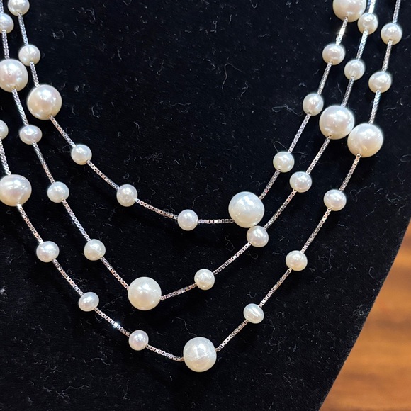 Triple Strand 925 Sterling Silver and Pearl Necklace.16, 17, and 18 inches long - Picture 3 of 7